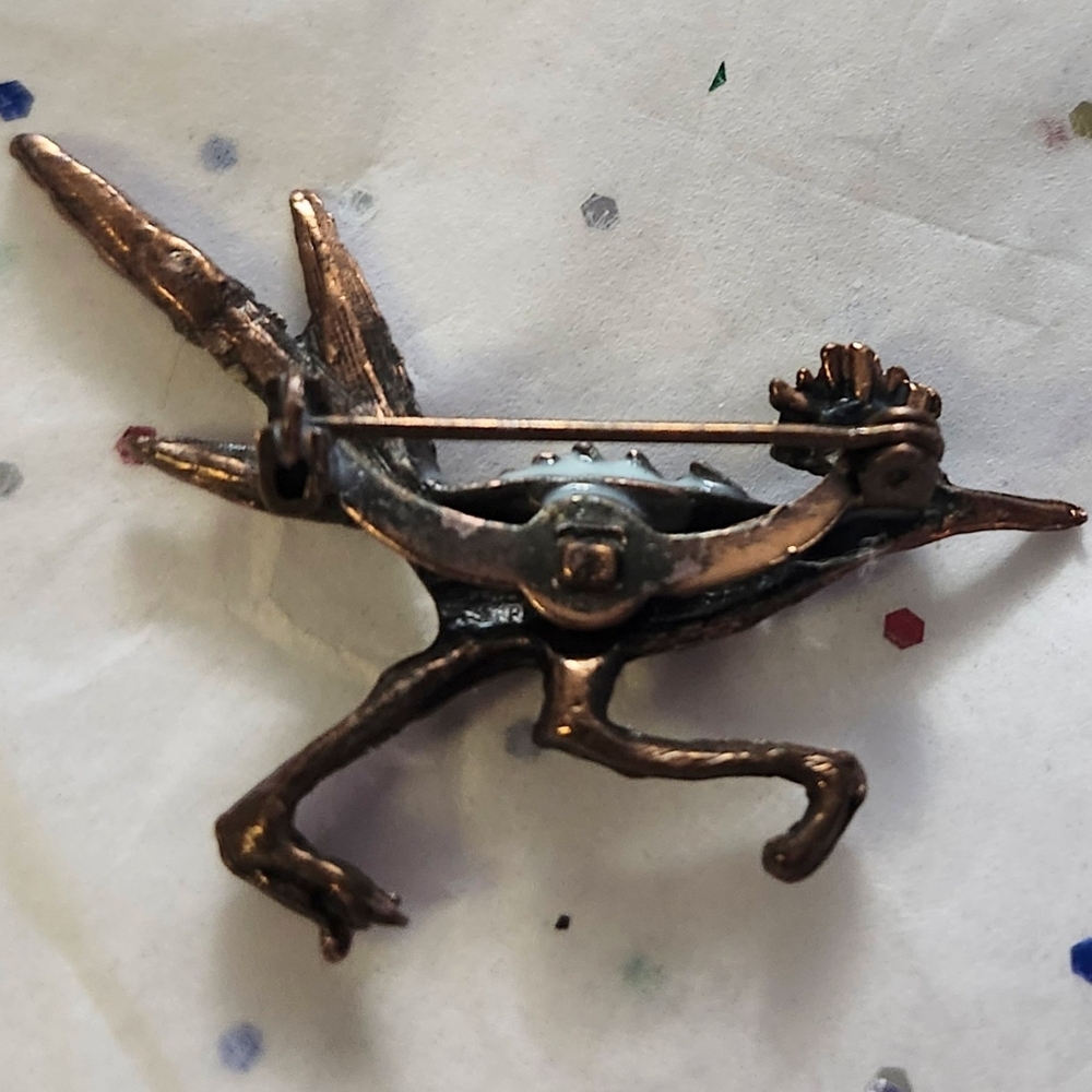 Vtg Solid Copper Turquoise Eye Roadrunner Bird Pi… - image 3